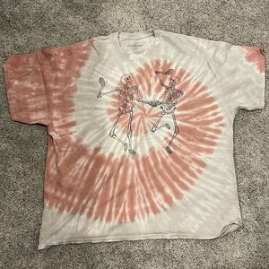 Pink & Grey Tie Dye tshirt with skeletons dancing, pacsun